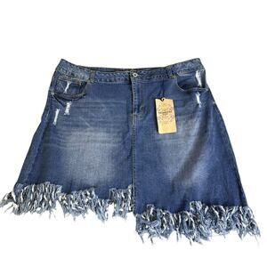 Highway Jeans Denim Skirt 3X Blue Boho Y2K Raw Fringe Hippie Plus New